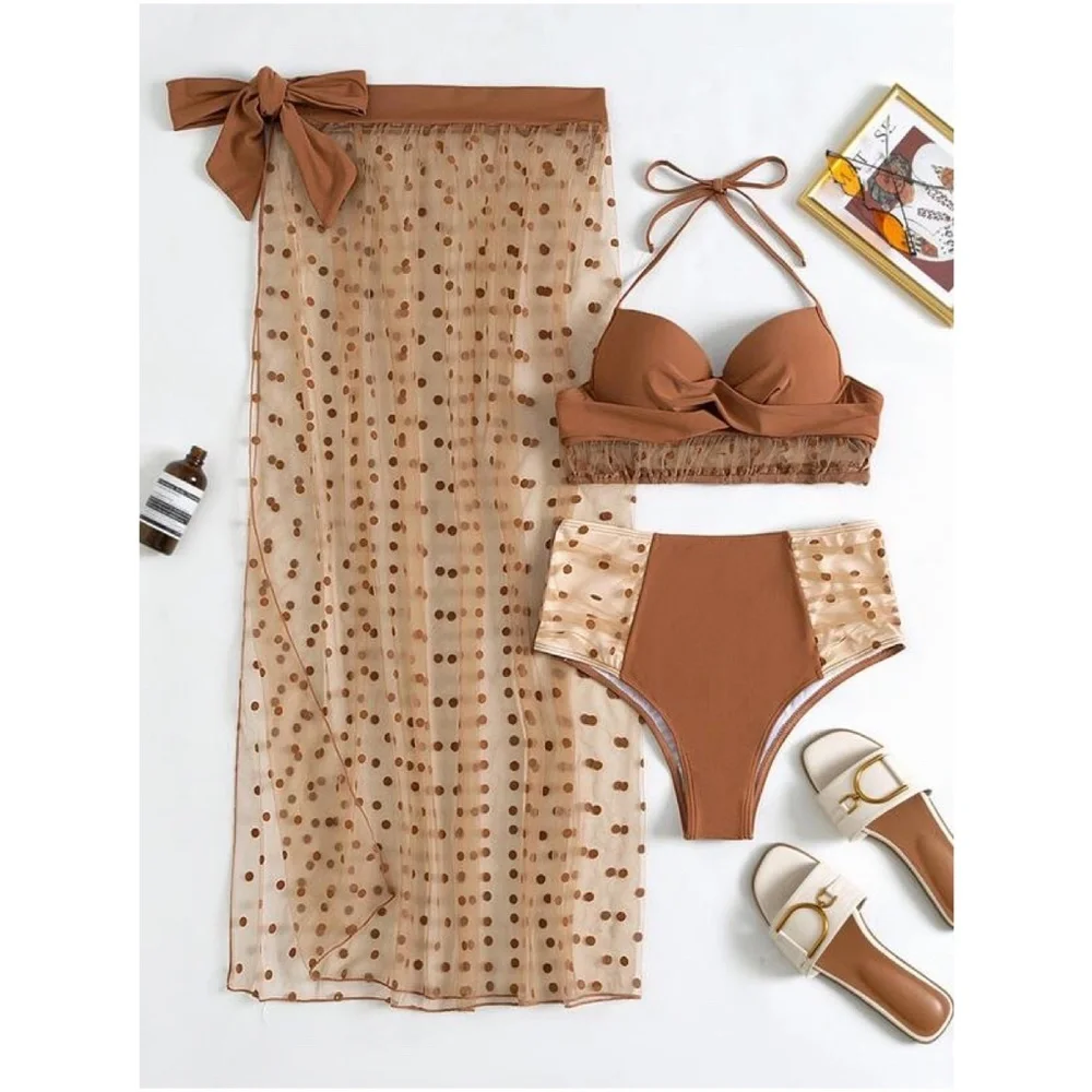 Rust brown Polka Dot Bikini Skirt Beach Swim Set - Picture 8 of 11